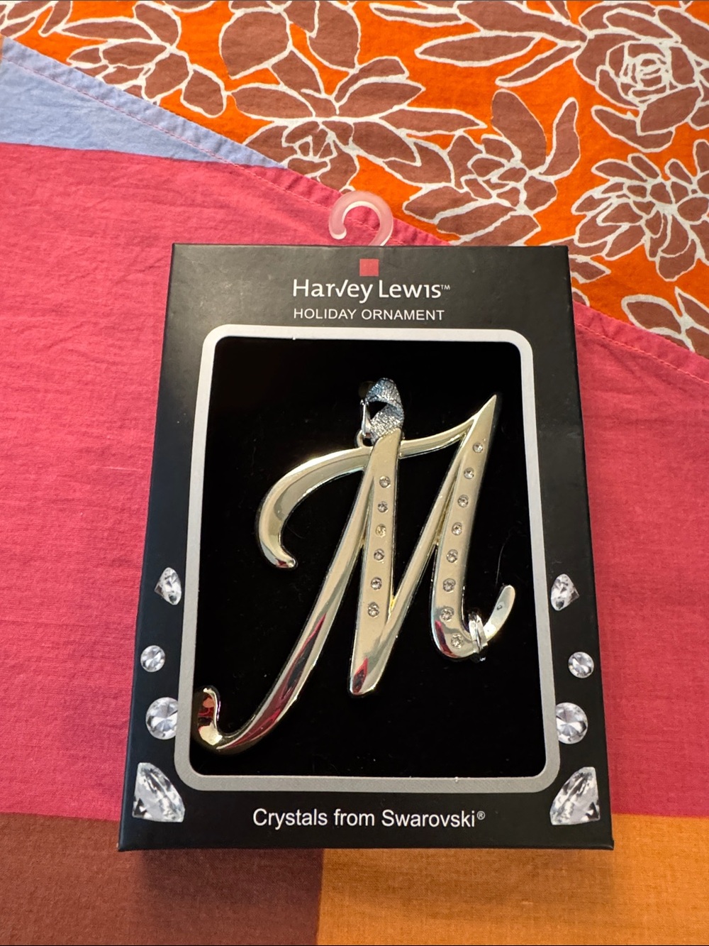 Harvey Lewis Holiday Ornament M Swarovski Crystals Metal Monogram Cursive Letter
